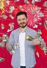 Image of Your Bet Wins! Happy man holding smartphone under money shower against pink background with fireworks