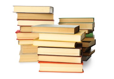 Photo of Lots of library books on white background