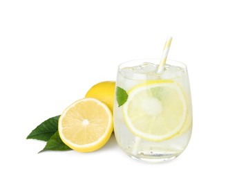 Photo of Cool freshly made lemonade and fruits on white background