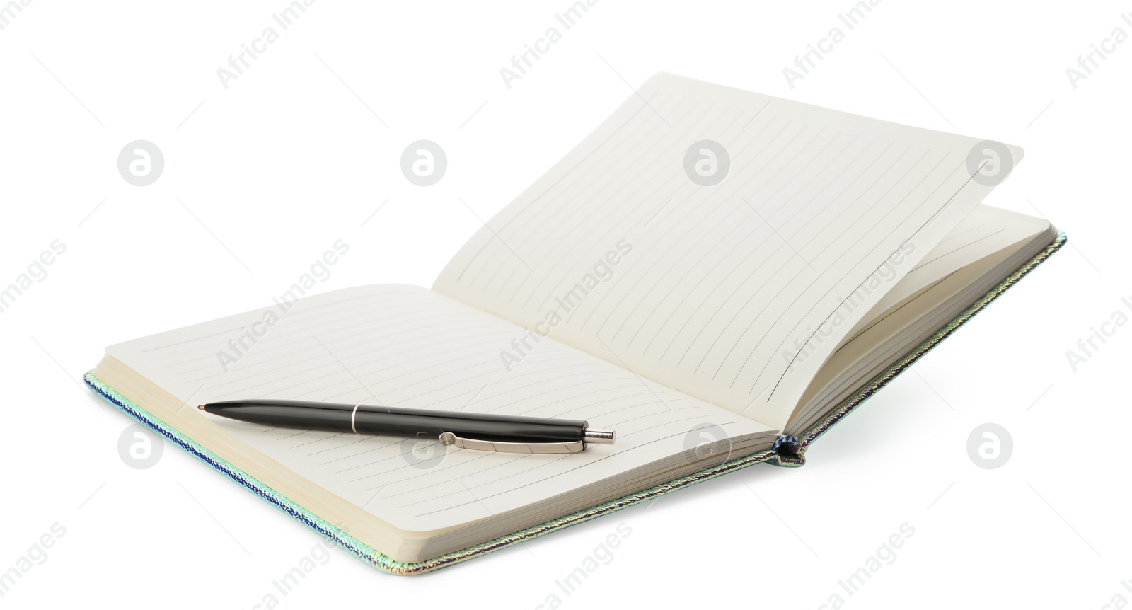 Photo of Stylish open notebook and pen isolated on white