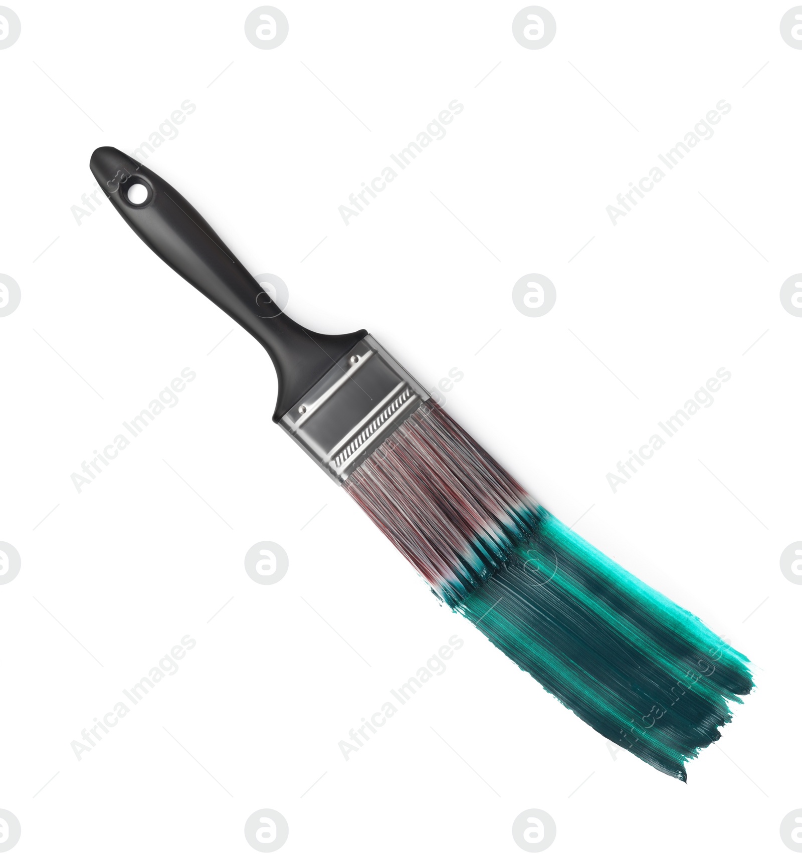 Photo of Dark teal paint stroke and brush on white background, top view