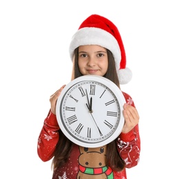 Photo of Girl in Santa hat with clock on white background. New Year countdown