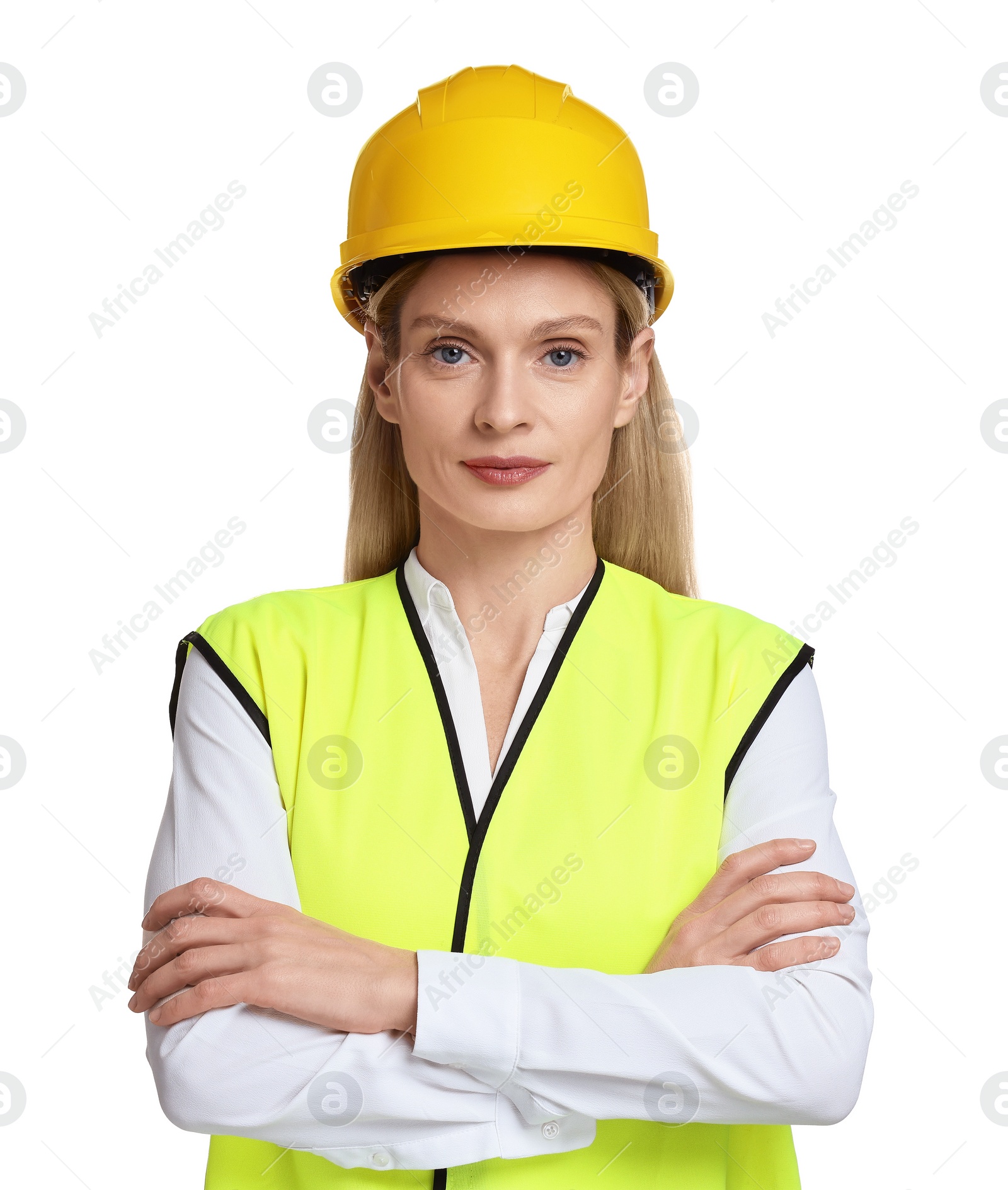 Photo of Engineer in hard hat on white background