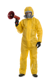 Photo of Man wearing chemical protective suit with megaphone on white background. Prevention of virus spread