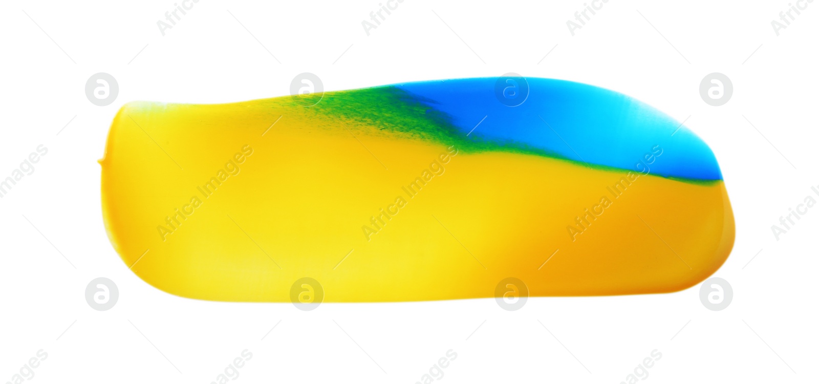 Photo of Light blue and yellow paint samples on white background, top view