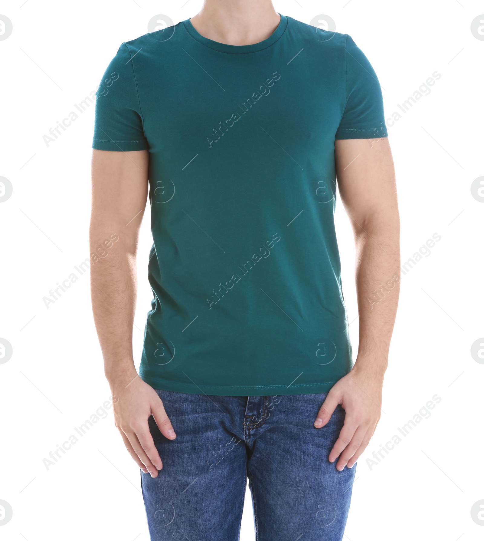 Photo of Young man on white background, closeup. Weight loss