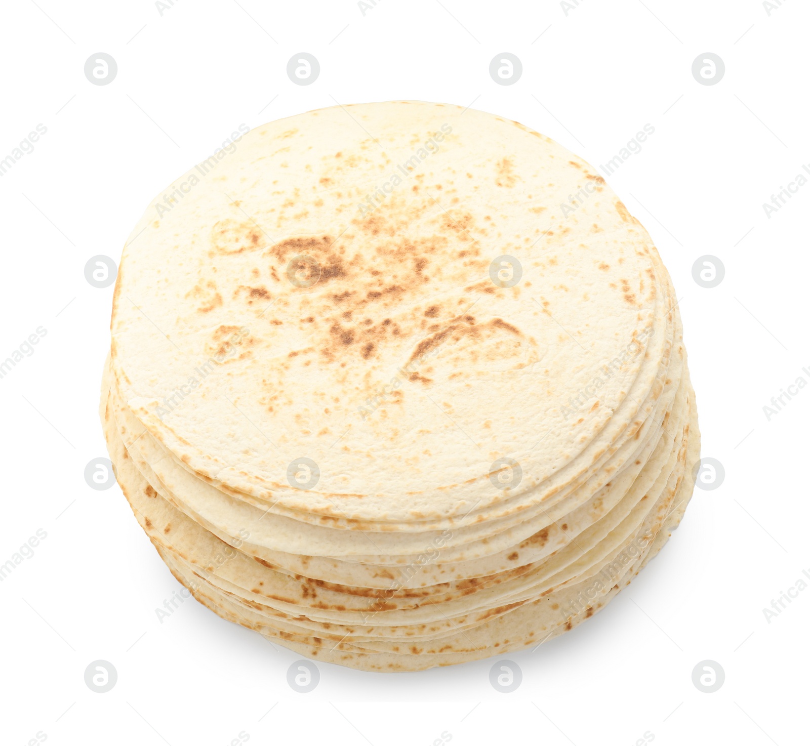 Photo of Many tasty homemade tortillas isolated on white