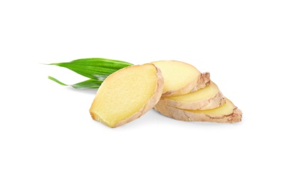 Photo of Slices of fresh ginger and leaves isolated on white