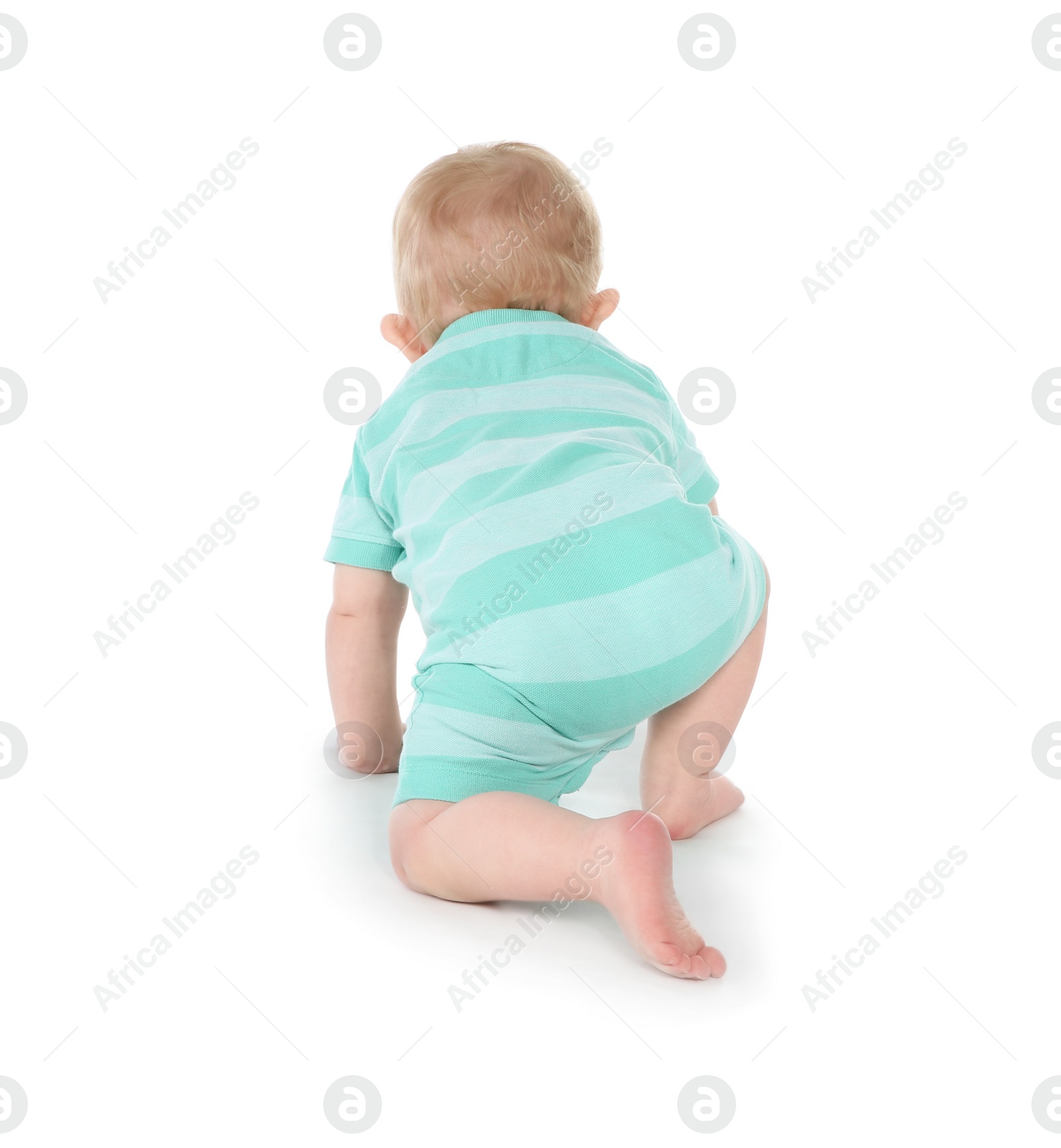 Photo of Cute little baby crawling on white background