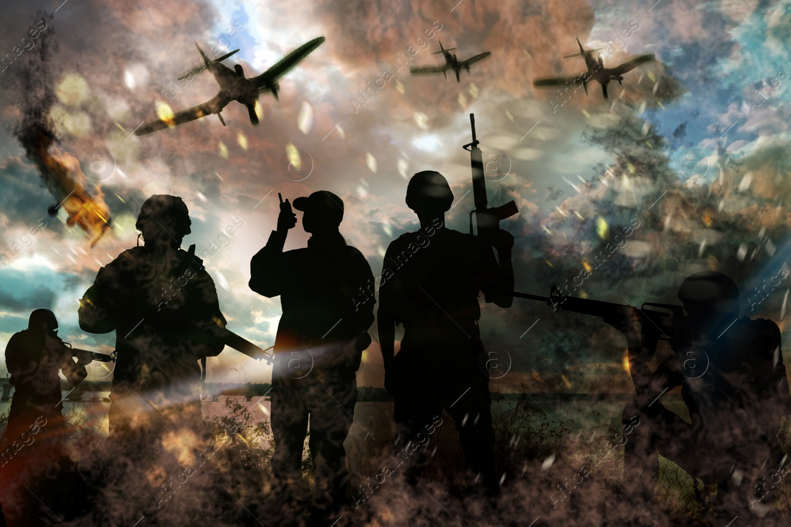 Image of Silhouettes of soldiers and planes in combat zone. Military service