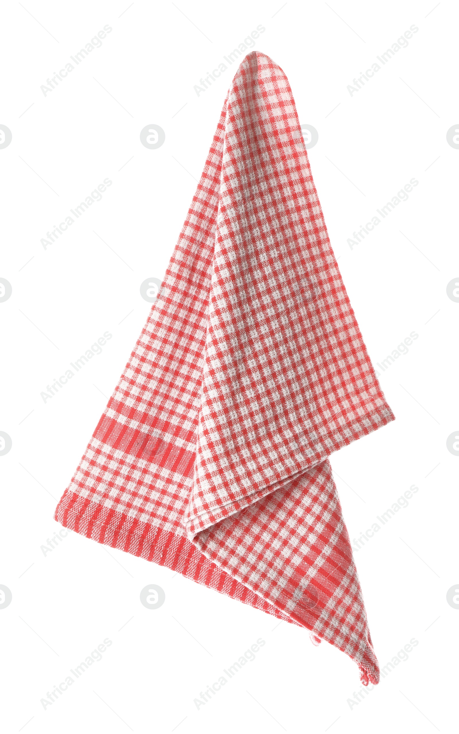 Photo of Clean kitchen towel hanging on white background