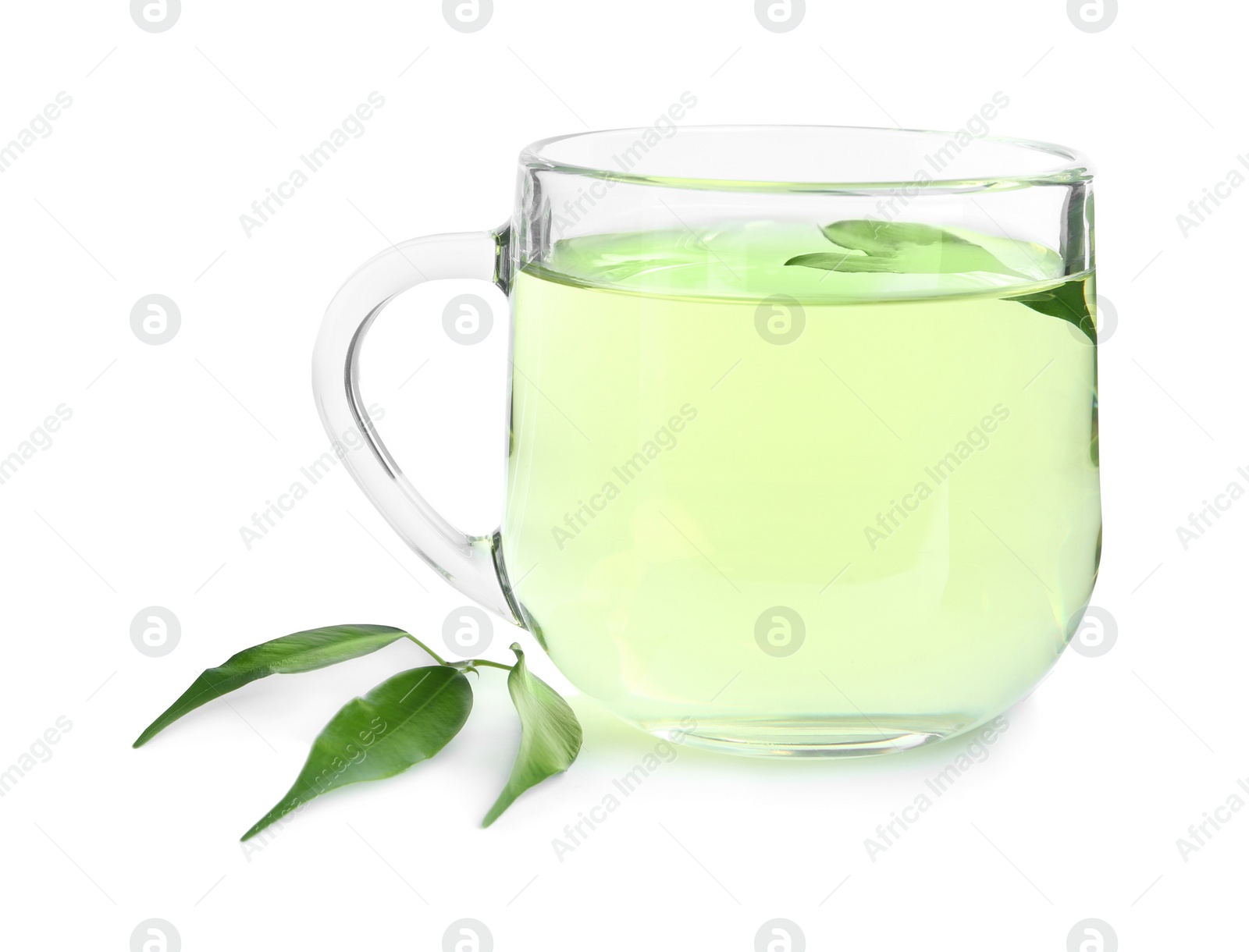 Photo of Cup of aromatic green tea and leaves isolated on white