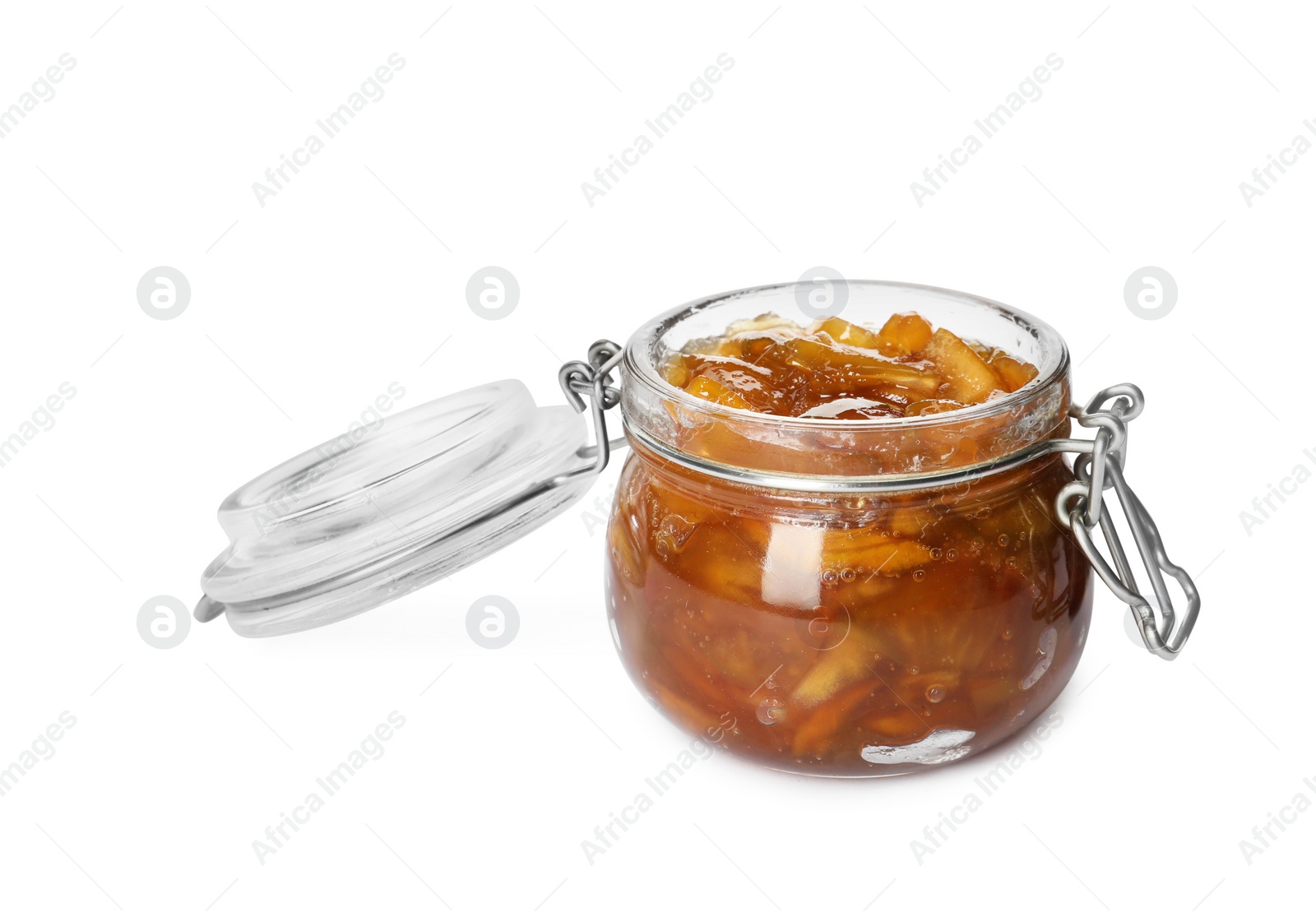 Photo of Tasty apple jam in glass jar isolated on white