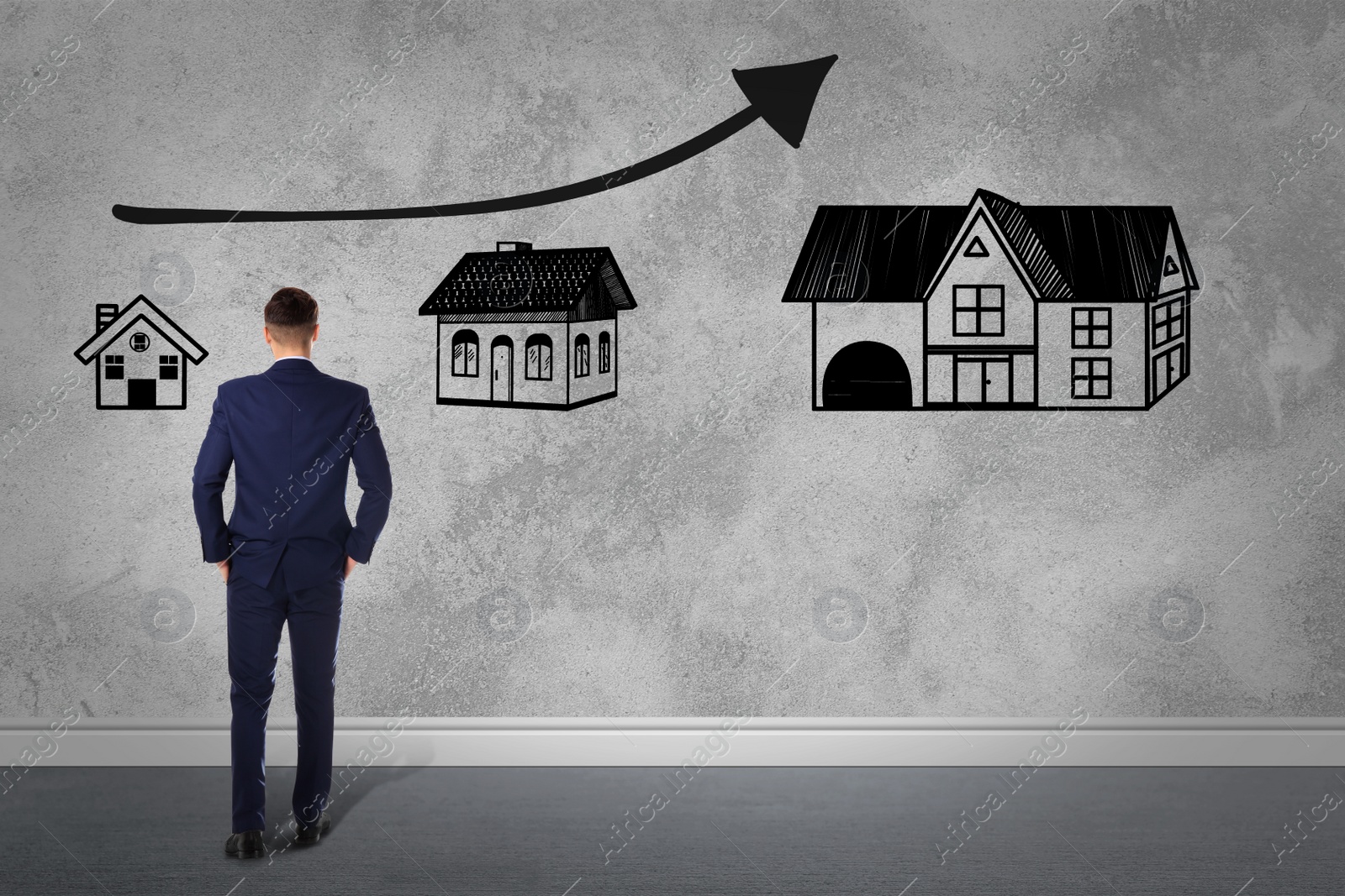 Image of Real estate agent demonstrating prices at housing market. Man looking on graph illustration