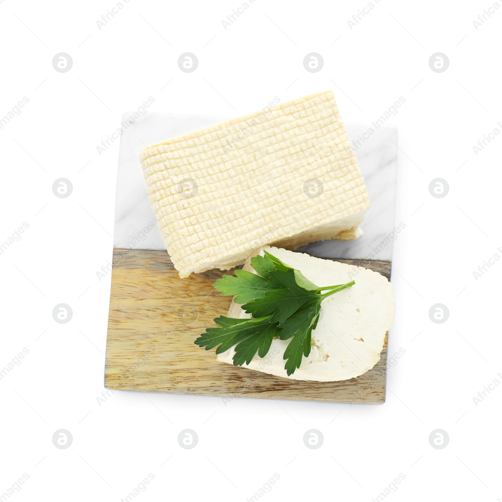 Photo of Tasty tofu cheese isolated on white, top view