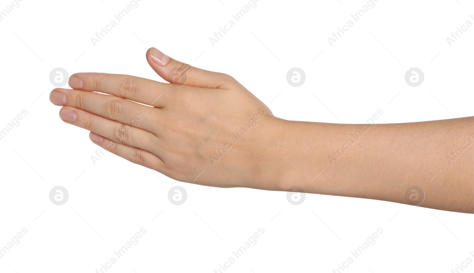 Photo of Woman holding out hand on white background, closeup