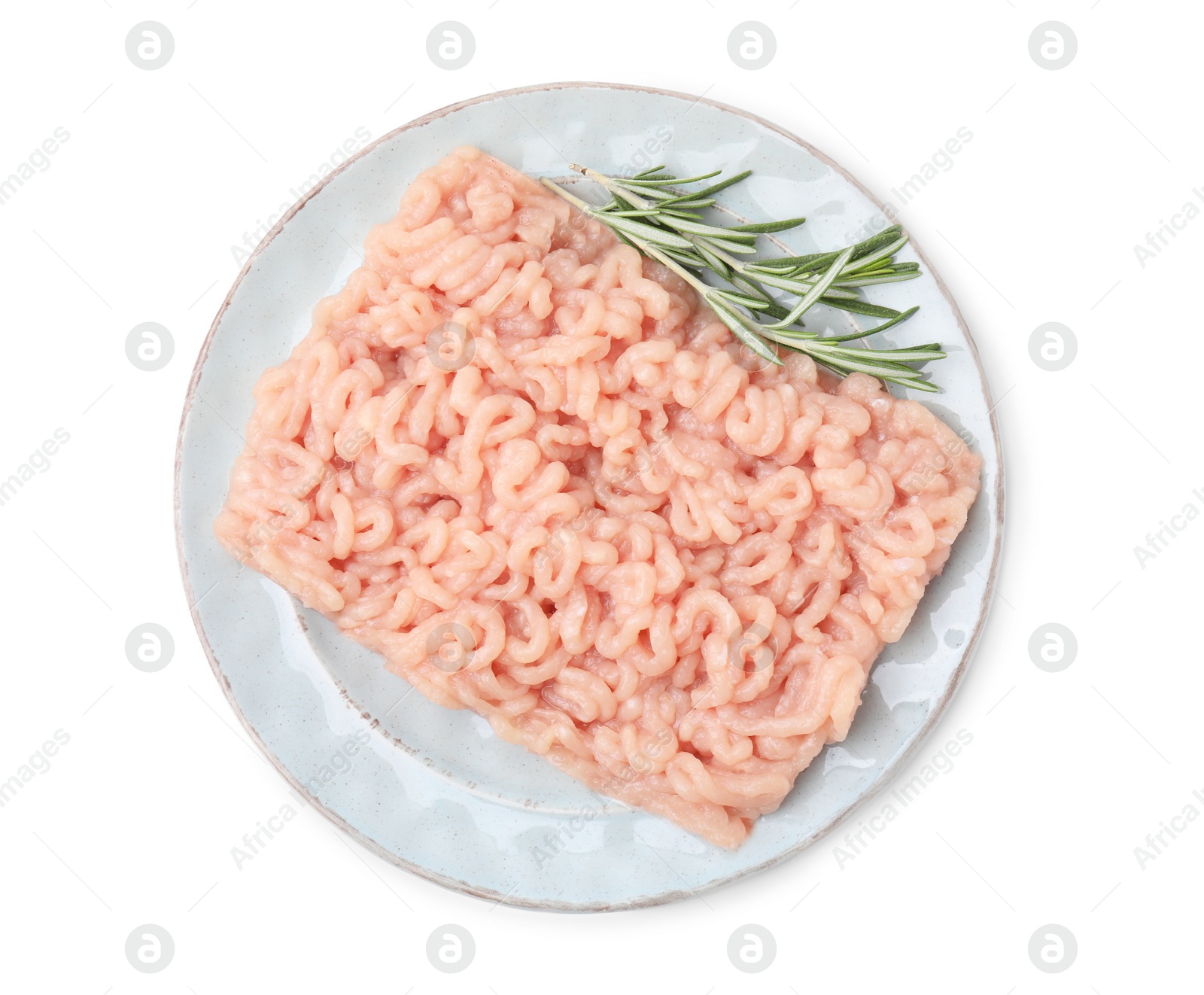 Photo of Fresh raw minced meat and rosemary isolated on white, top view
