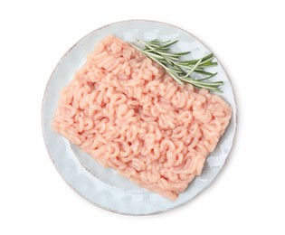 Photo of Fresh raw minced meat and rosemary isolated on white, top view