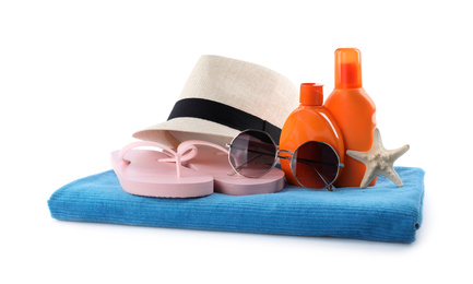 Photo of Composition with beach objects on white background