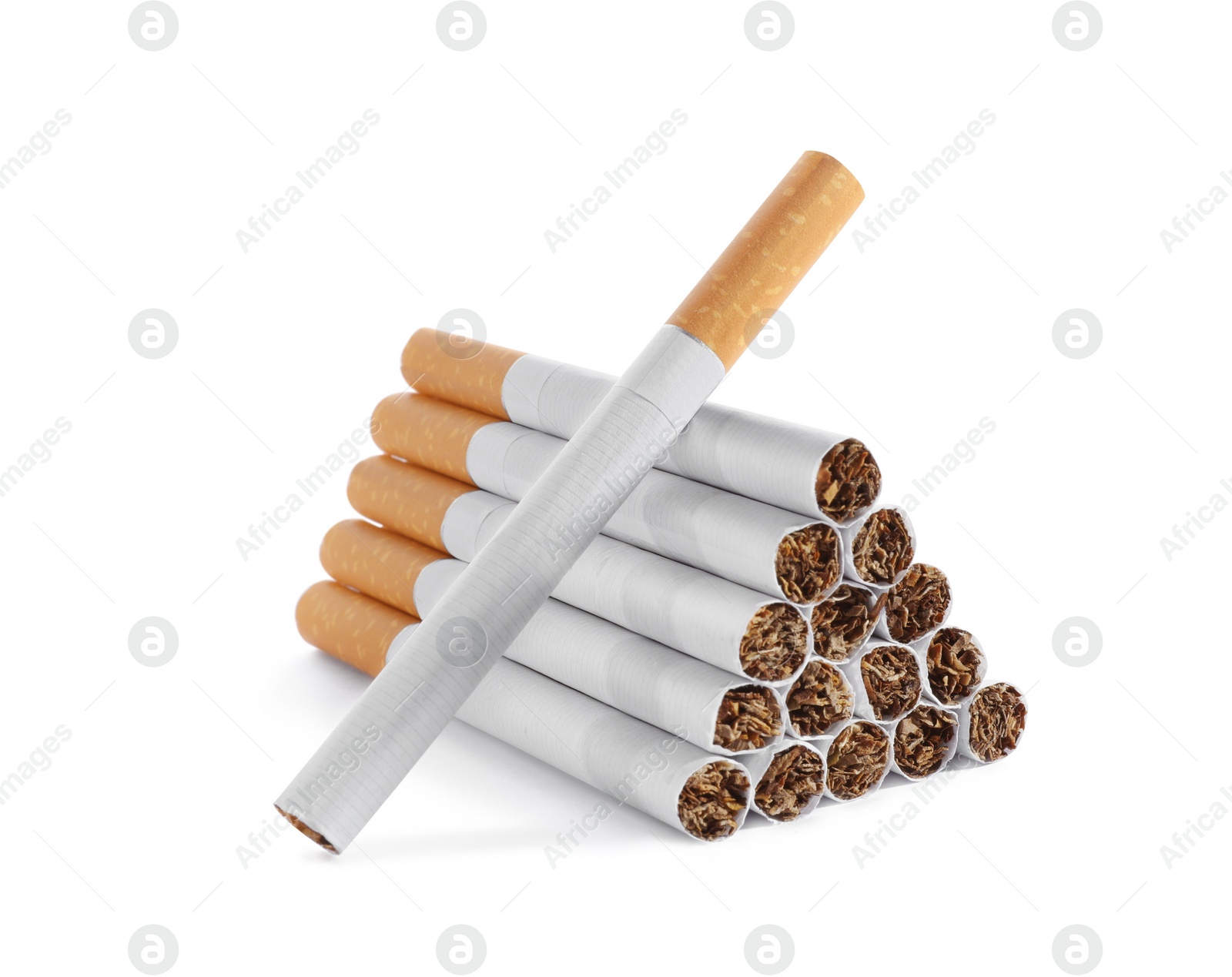 Photo of Pile of cigarettes with orange filters on white background