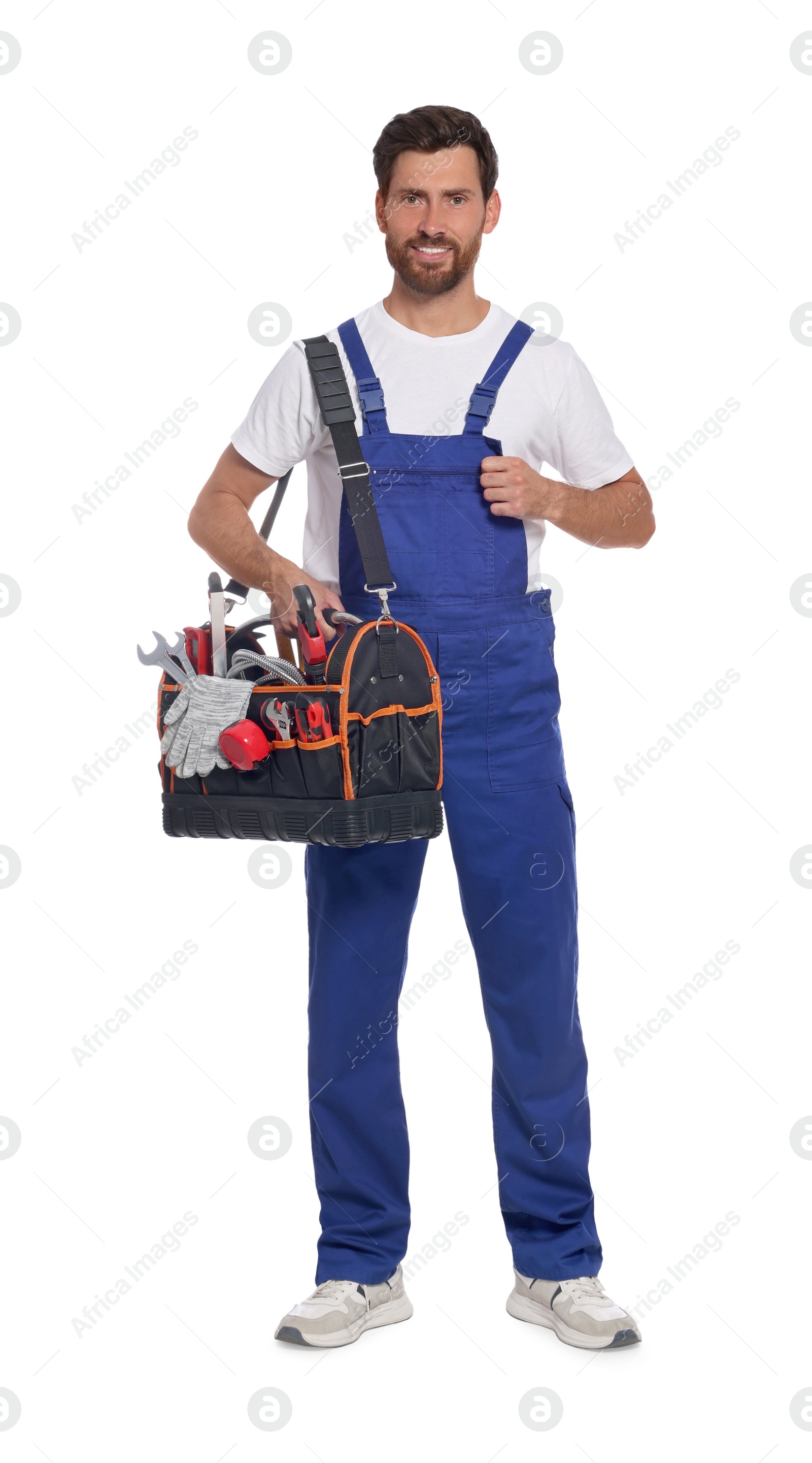 Photo of Professional plumber with tool bag on white background