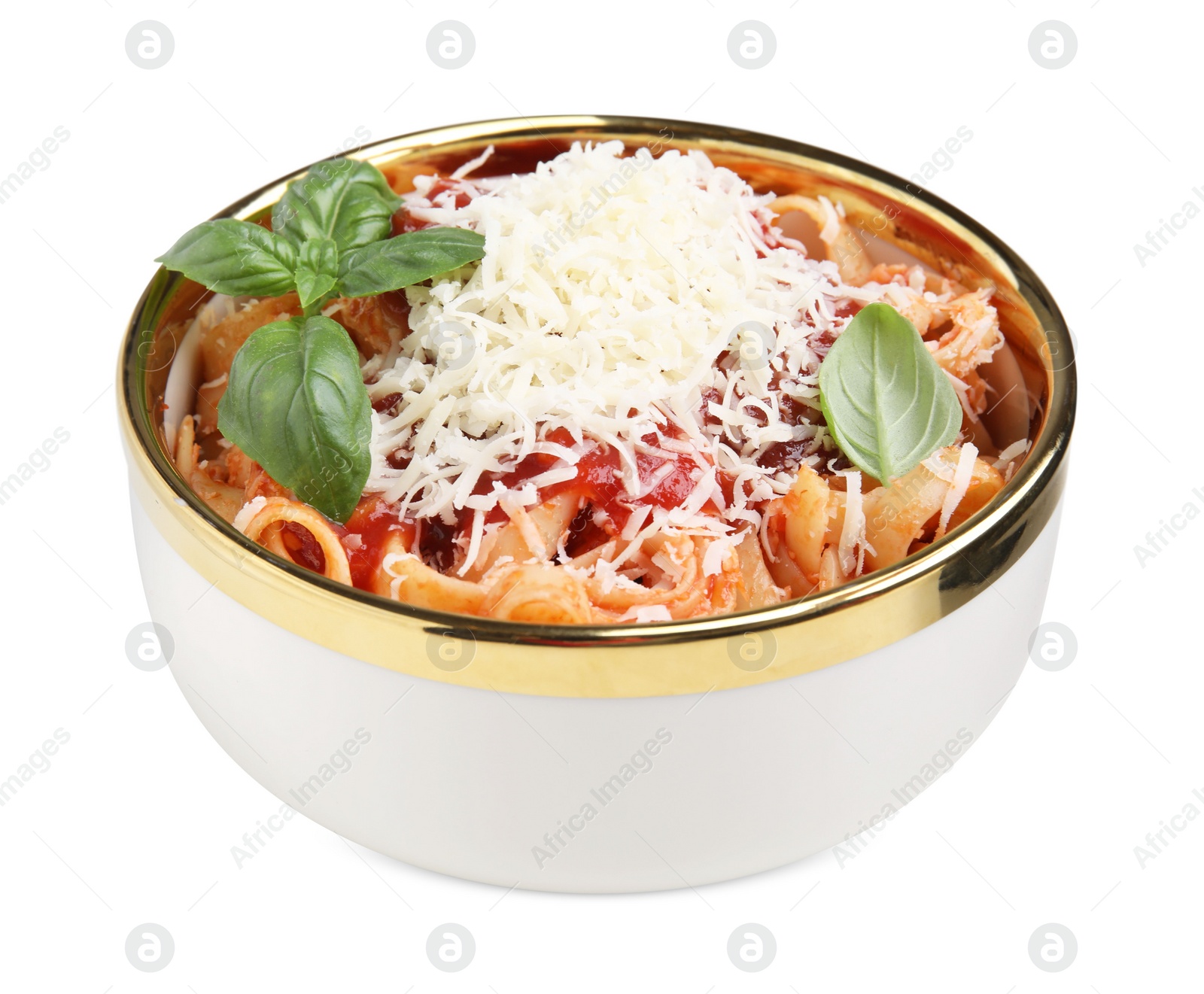 Photo of Delicious pasta with tomato sauce, basil and parmesan cheese isolated on white