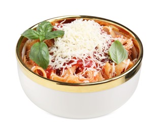 Photo of Delicious pasta with tomato sauce, basil and parmesan cheese isolated on white