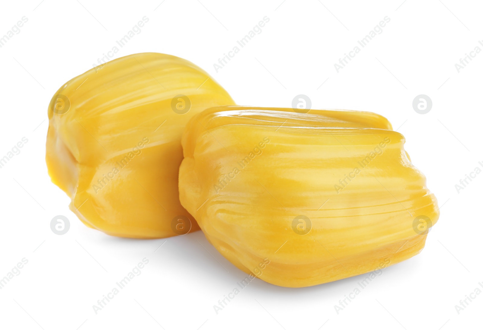 Photo of Delicious exotic jackfruit bulbs on white background