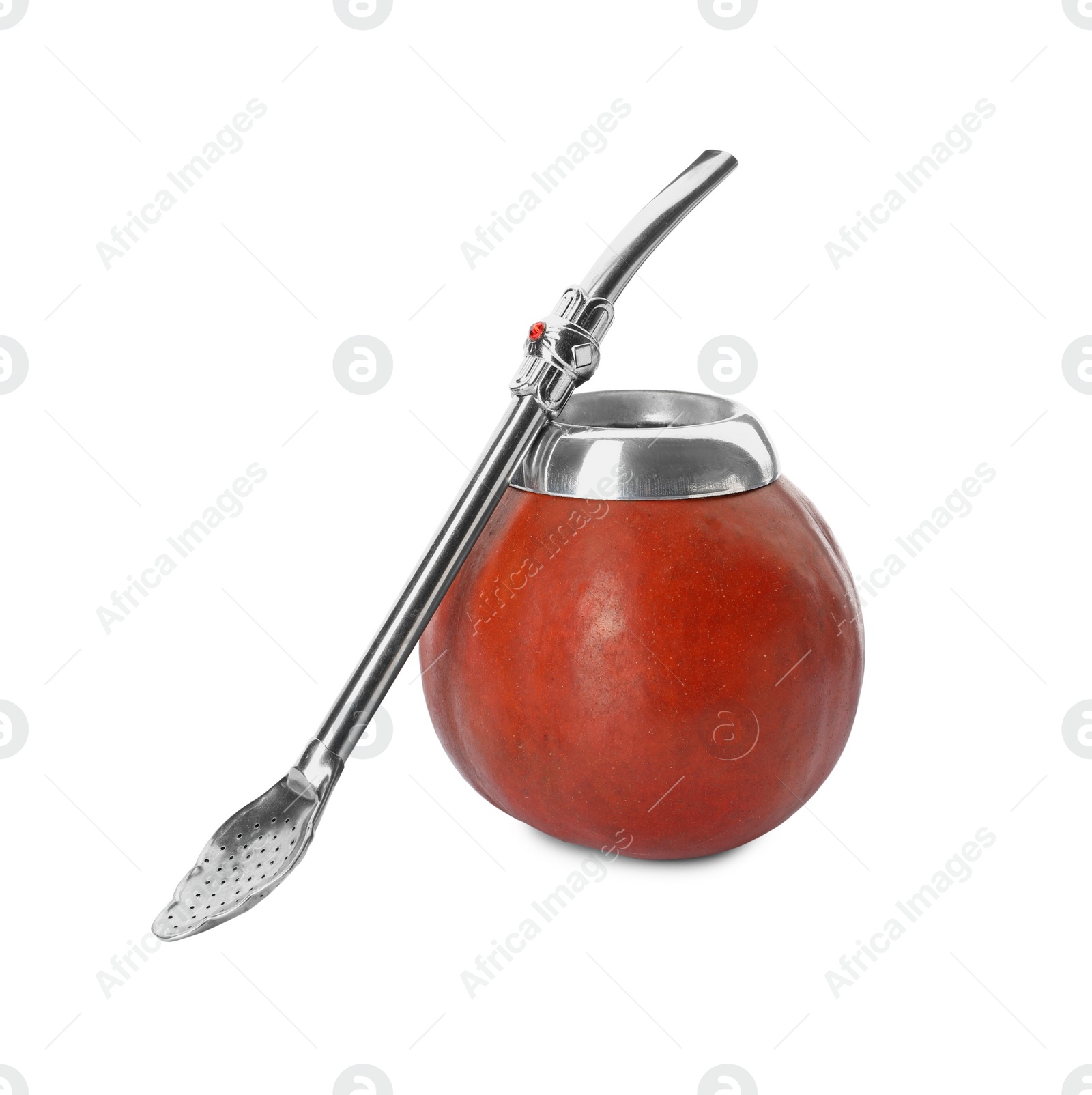 Photo of Calabash with mate tea and bombilla on white background