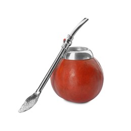 Calabash with mate tea and bombilla on white background