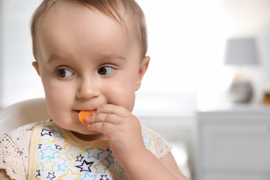 Photo of Cute little baby eating piece of carrot at home. Space for text