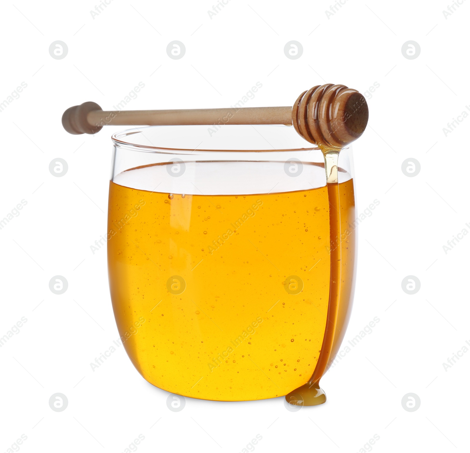 Photo of Fresh honey in jar and dipper on white background