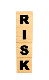 Photo of Stack of wooden cubes with word Risk isolated on white