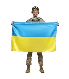 Soldier in military uniform with Ukrainian flag on white background