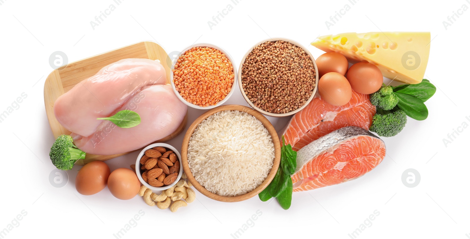 Photo of Set of natural food high in protein on white background, top view