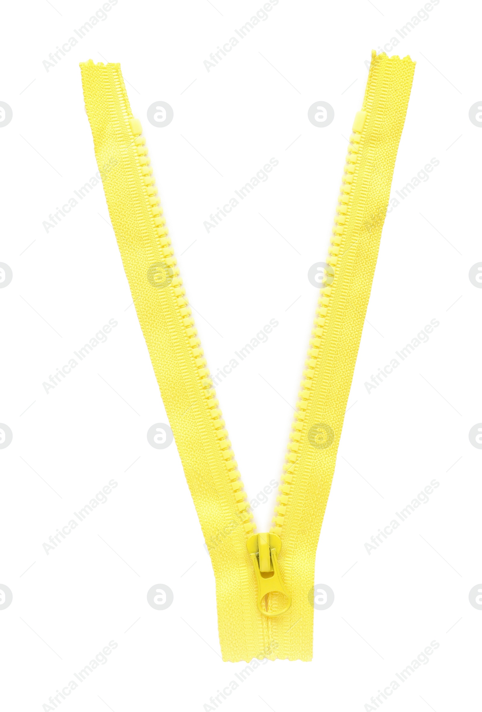 Photo of Yellow zipper isolated on white, top view