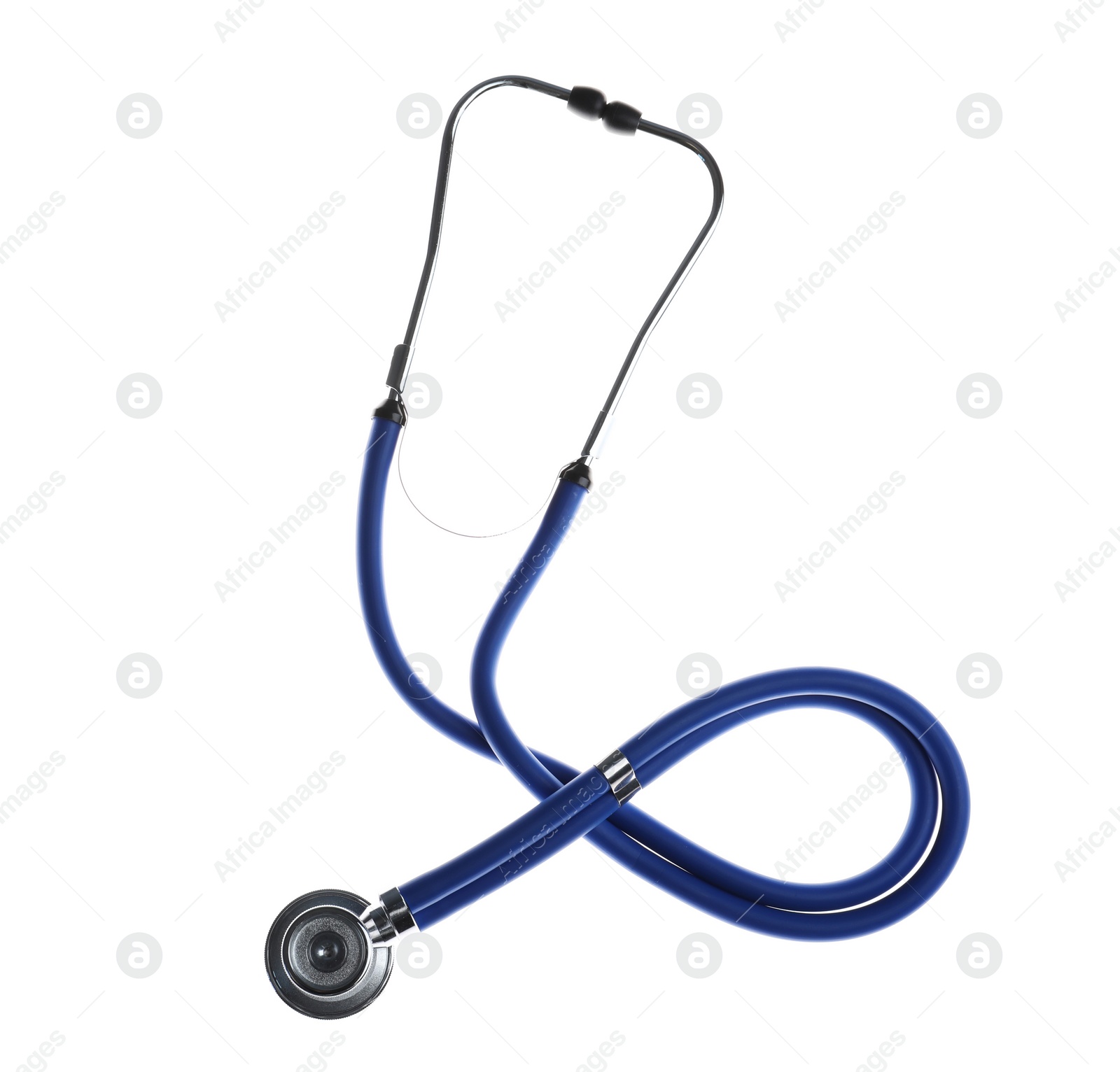 Photo of Stethoscope on white background, top view. Medical device