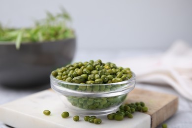 Photo of Glass bowl with mung beans and coaster on table, closeup