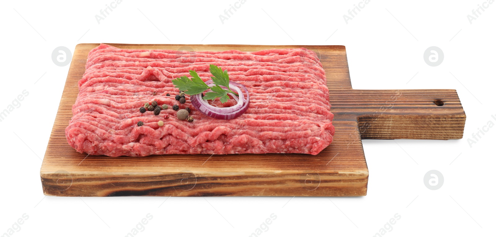 Photo of Board with raw ground meat, onion, peppercorns and parsley isolated on white