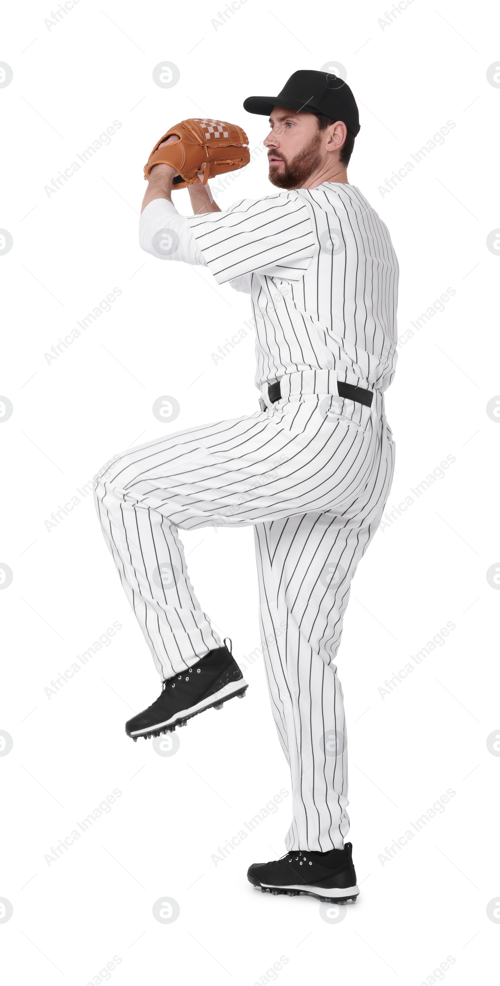 Photo of Baseball player with leather glove on white background