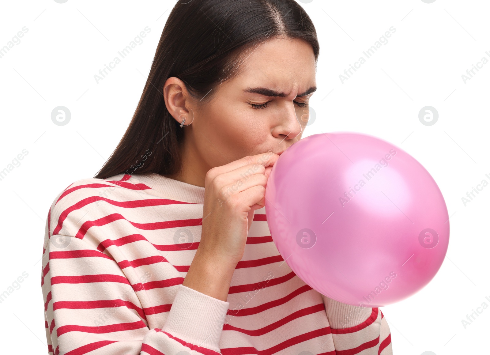 Photo of Woman inflating pink balloon on white background