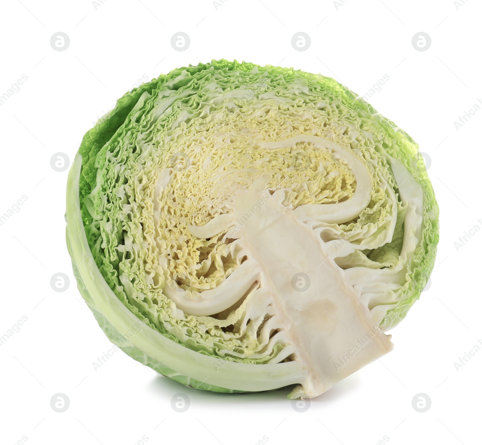 Photo of Fresh cut savoy cabbage on white background