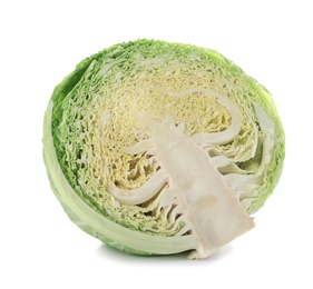 Photo of Fresh cut savoy cabbage on white background