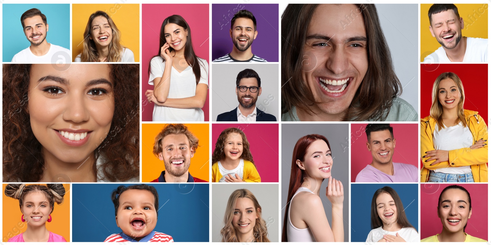 Image of Collage with portraits of happy people on different color backgrounds