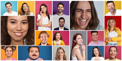 Collage with portraits of happy people on different color backgrounds