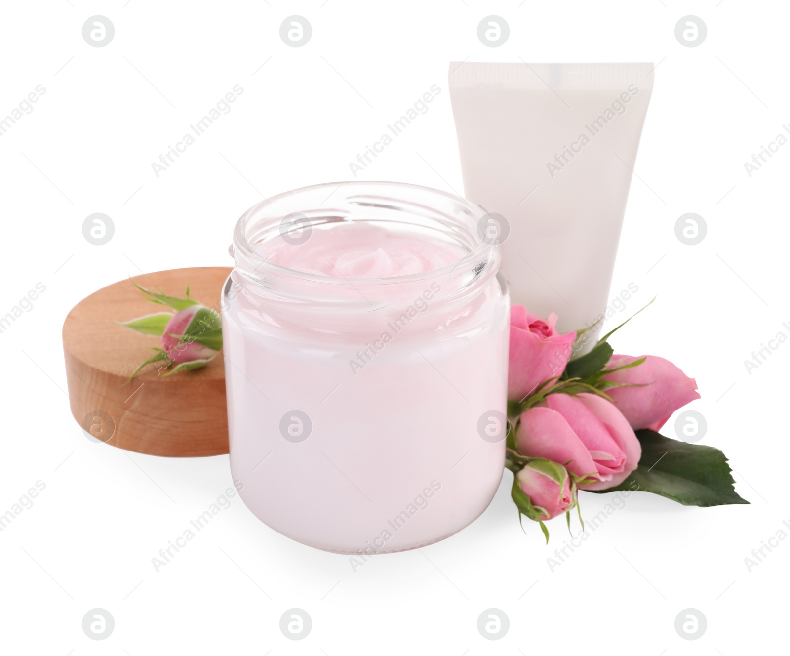 Photo of Different hand care cosmetic products and roses on white background