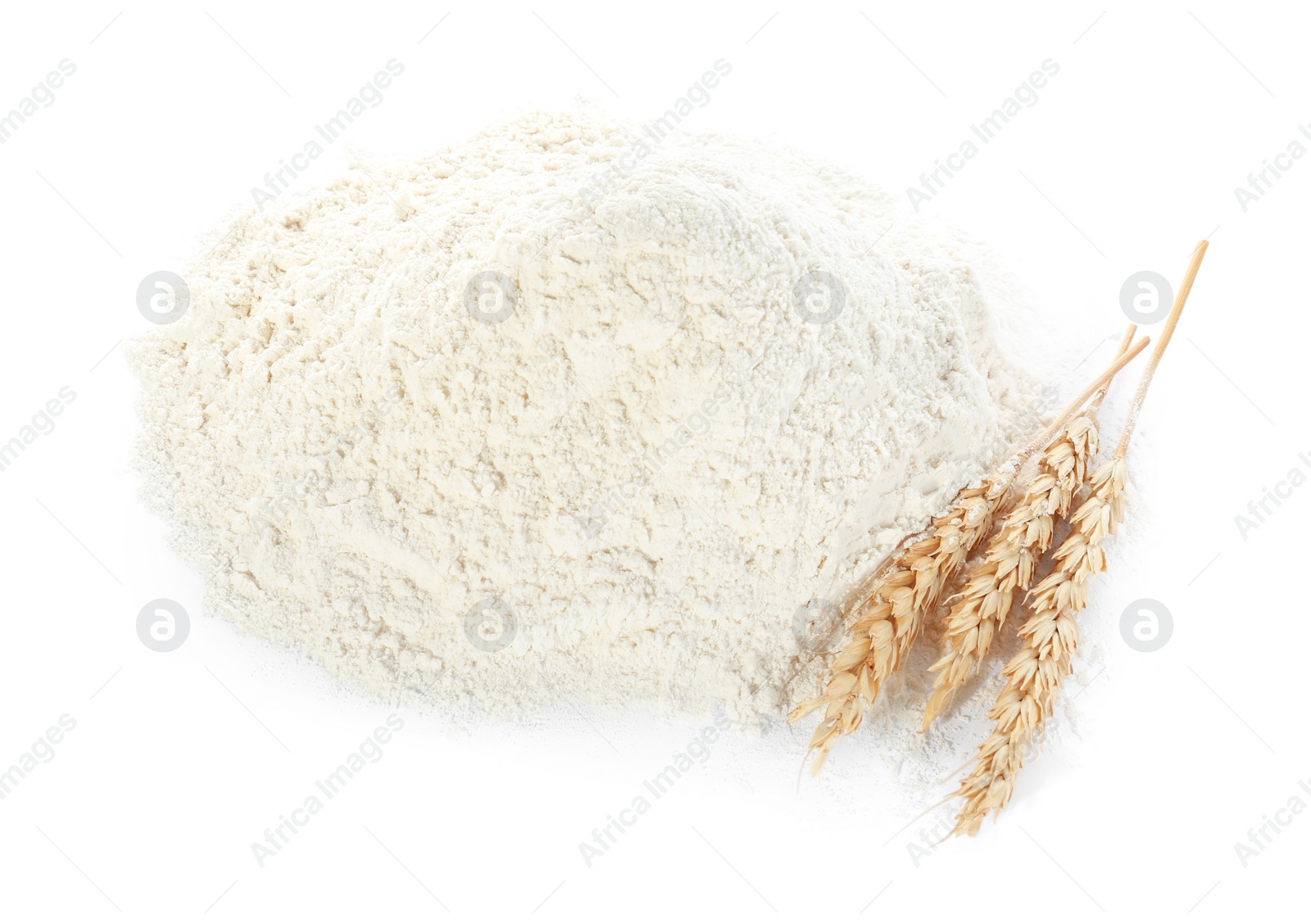 Photo of Organic flour and spikelets isolated on white
