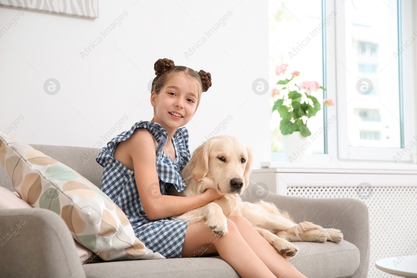 Photo of Cute little child with her pet on sofa at home