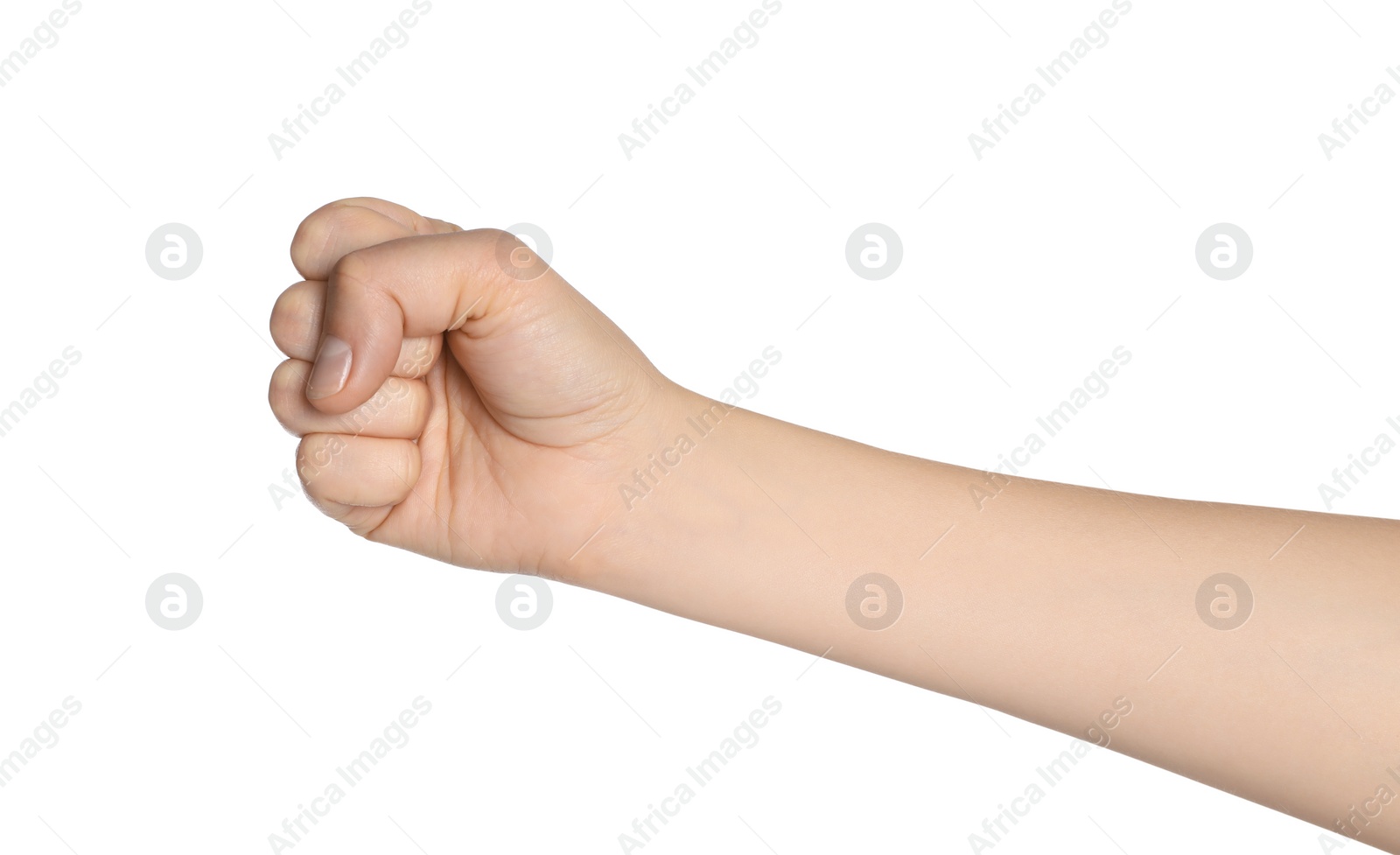 Photo of Woman showing fist on white background, closeup of hand