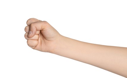 Woman showing fist on white background, closeup of hand